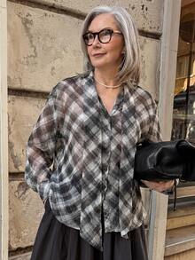 DAZY Blus Kasual Wanita Lengan Panjang Bahan Chiffon Warna Polos Longgar dengan Kerah Ikat, Musim Panas - Dark Grey - View 5