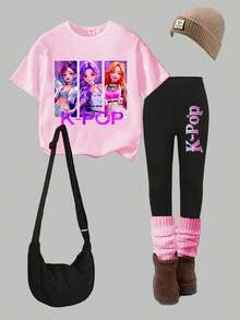 一套年轻女孩休闲时尚3D卡通K-POP女孩字母印花短袖T恤和打底裤套装，春夏款 - 粉色 - 查看 3