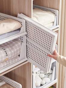 1PC Foldable Stackable Storage Basket Drawer Organizer Box For Closet Clothing Dresser Shelf Rack Bedroom Kitchen Desktop Snack Display Holder Collapsible Bin Container For Home Organization Wardrobe Tidy - White - View 3