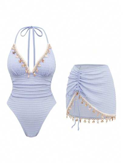  Áo bikini tam giác màu trơn Swim Oasis-D dành cho nữ với dây đeo bằng vỏ sò, áo tắm một mảnh với viền xếp ly và trang trí bằng vỏ sò ngẫu nhiên, áo tắm hai mảnh với dây rút bên hông và trang trí bằng vỏ sò ngẫu nhiên.
