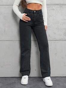 SHEIN Women's Casual Everyday Pockets Button Jeans - Medium Wash - View 3