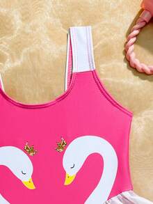 SHEIN 女童撞色荷叶边连体泳衣，适合海滩/度假 - 紅色 - 查看 4