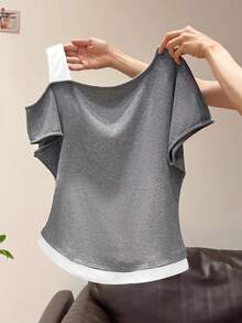 Áo thun ngắn tay nữ 2 trong 1 vai lệch, kiểu dáng 2 trong 1, thích hợp cho mùa hè. - Xám - Xem 2