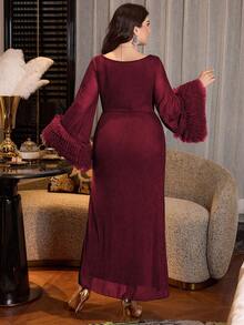 Modelyn Elegant Solid Color Mesh Flared Sleeve Waist Ruched A-Line Plus Size Dress, Suitable For Spring And Autumn - Burgundy - View 2