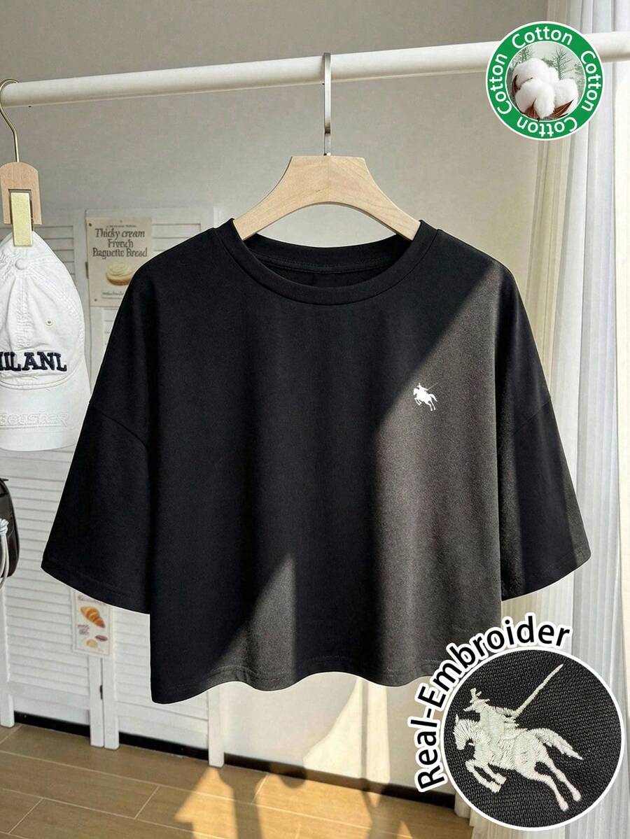 Comfortcana Lässiges kurzes Rundhals T-Shirt mit kurzen Ärmeln, geeignet für den Sommer - Schwarz - Übersicht 1