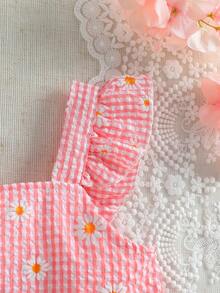 4-7岁女童夏季雏菊印花泡泡格纹连衣裙，A字廓形，适合度假穿着 - 粉色 - 查看 6