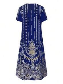 EMERY ROSE Plus Size Women's Casual Short Sleeve Printed Dress For Daily Wear Maxi Women Outfit - Blue - View 2