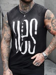 Manfinity Homme Men's Street Style Letter Print Distressed Texture Jacquard Crew Neck Sleeveless Fashion Tank Top - Black - View 3