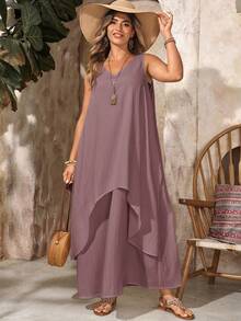 EMERY ROSE Plus Size Women's Purple Summer Boho Vacation Holiday Dress,V-Neck Sleeveless Solid Color 2 In 1 Flowy Long Dress,Casual Beach Outfits,Country Style - Brown - View 4