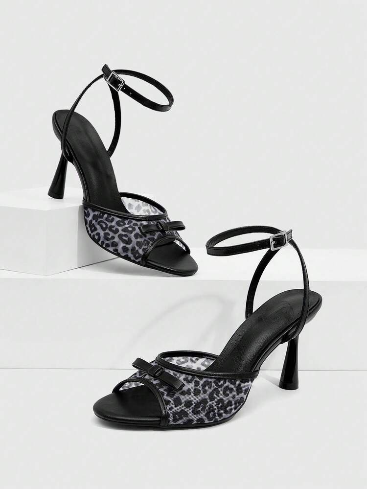 CUCCOO SZL Women's Mesh Bow Leopard Print High Heel Sandals, Fashionable Versatile Sexy Stiletto Heels For Summer