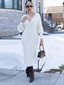 Melissa Matos 女式 V 领长袖收腰长款针织毛衣裙，秋季 - 白色 - 查看 1