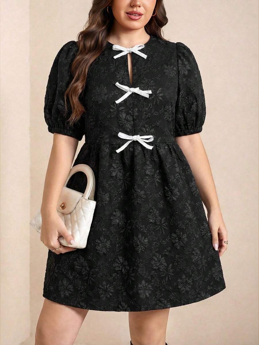 Comfylo Plus Size Jacquard Bow Decor Pocket Dress - Black - View 1