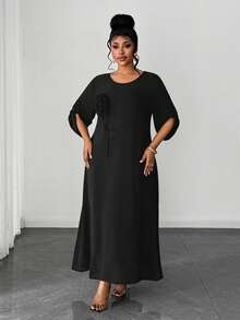 Maweii Modest Plus Size Black Midi Tunic Dress Three Quarter Sleeve Round Neck Woven Fabric With 3D Rose Embellishment - Black - View 5