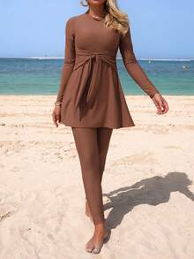 Swim Shayni 2026 Summer NEW Women's Summer Solid Brown 2pcs/Set Long Sleeve Cinching Waist Burkini Beach Vacation, Pool Party, Beach PartyBeach Outfits, Music Festival Outfits, Vacation Outfits, Seaside Dates, Holiday Outfits, Sexy, Elegant, Casual Outfits, Beach Party Outfits, Pool Party Outfits - Brown - View 9