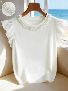 Franclia 女士优雅圆领短袖纯色常规版型珍珠装饰白色上衣，女士常规T恤，女士圆领短袖T恤，优雅纯色夏季上衣，女士优雅上衣，女士优雅休闲短袖上衣，女士度假上衣，白色T恤，白色珍珠装饰T恤，串珠浪漫短袖上衣 - 白色 - 查看 8