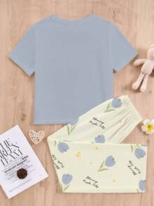 SHEIN Leap Crew 少女休闲宽松简约圆领落肩短袖长裤睡衣，适合春夏季 - 彩色 - 查看 2