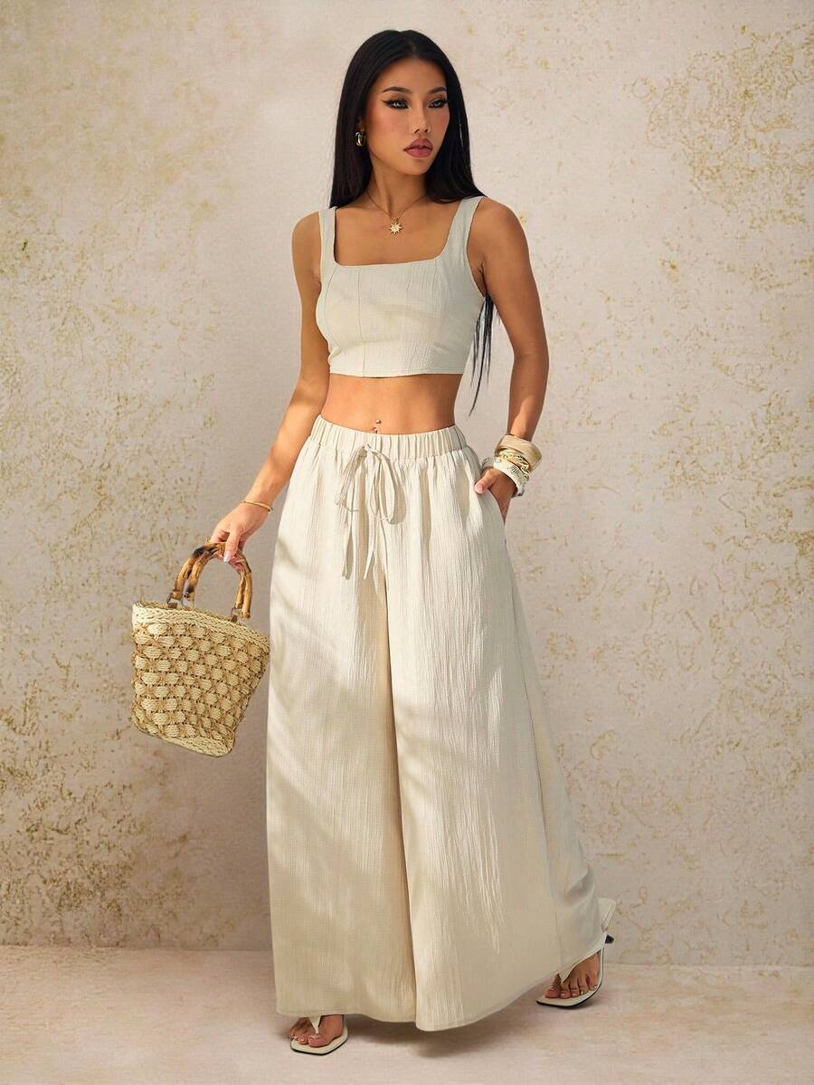 SHEIN PETITE New Spring/Summer Vacation Casual Fishbone Strap Top And Wide Leg Pants With Pockets 2 Pieces Textured Fabric Set - B - Apricot - View 1