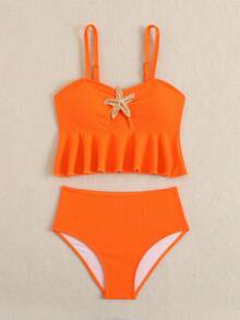 SHEIN 少女比基尼套装，两件套针织面料吊带泳衣，时尚休闲优雅的少女泳装，适合游泳、暑假、海滩、泳池等场合。 - 橘色 - 查看 4
