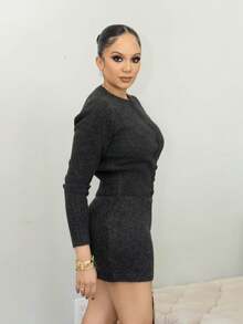 Melissa Matos 女士灰色针织通勤套装，秋冬新品 - 深灰色 - 查看 3