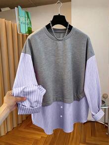 Franclia Striped Patchwork Casual Minimalist Round Neck Sweatshirt, Youthful - Mauve Purple - View 1