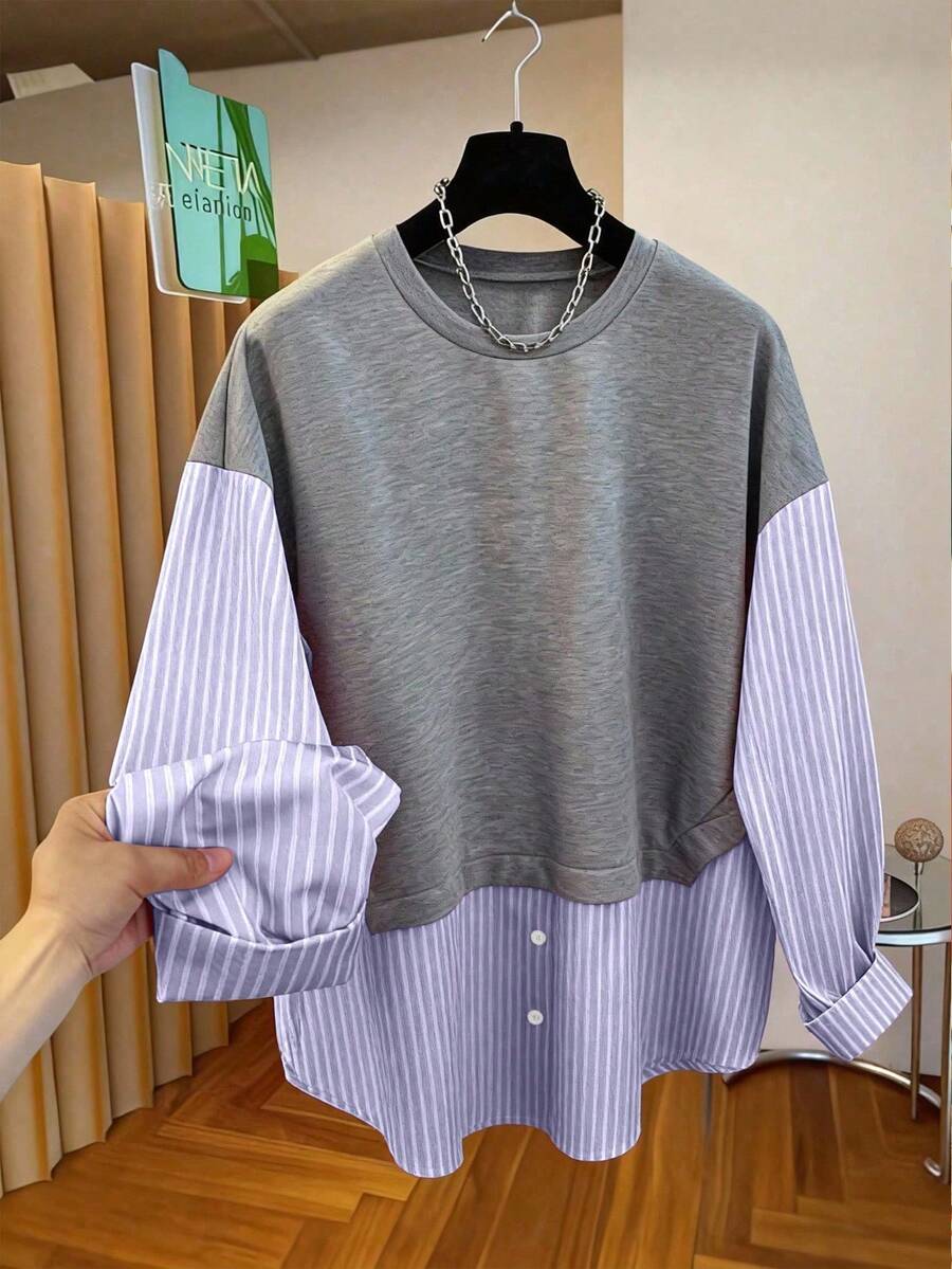 Franclia Striped Patchwork Casual Minimalist Round Neck Sweatshirt, Youthful - Mauve Purple - View 1