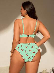 SHEIN Swim Mod Plus Size Women 2pcs/Set Random Print Padded Tankini Swimsuit Set - Olive Green - View 2