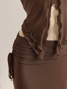 Soleia New Vacation Western Beach Wedding Guest Attire, Graduation Brunch, St. Patrick's Day, Spring Break, Easter, Music Festival Elegant Bohemian Tropical Strapless Sleeveless Blue Mesh Ruffle Hem Two Pieces Set - Coffee Brown - View 5