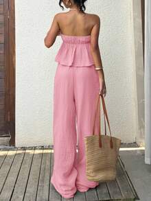 SHEIN EZwear Women's Summer Chiffon Tie Front Bandeau Top And Pants Set, Pink Casual Vacation Outfit - Pink - View 2