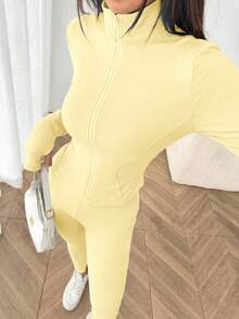 SHEIN EZwear 3pcs/Set Women Mustard Yellow Knit Long Sleeve Zip-Up Top, Camisole And Leggings Sports Outfit - Pale Yellow - View 5
