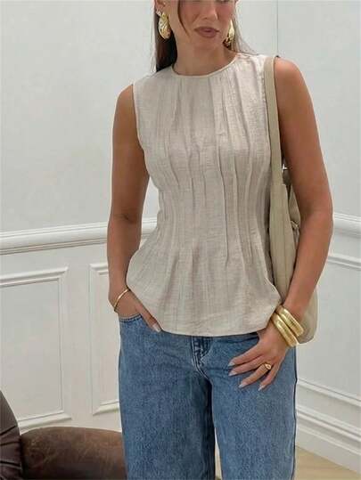 Aloruh Women's Elegant Commuter Round Neck Waist Pleated Sleeveless Blouse,Going Out Top, Going Out Tops For Women ,Elegant Blouses For Women