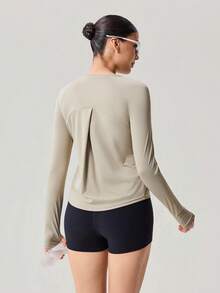 OutZeal Women Outdoor Tee Gym Top UV Protection Cool Touch Long Sleeve Cross-Over Pleat With Thumbhole - Khaki - View 7