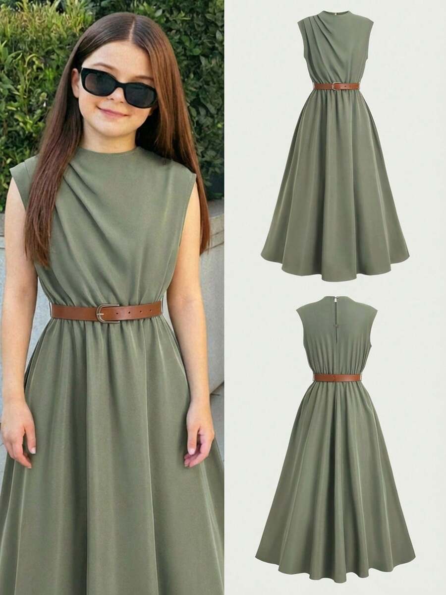 SHEIN 少女休闲时尚立领荷叶边腰带A字连衣裙 - 軍綠色 - 查看 1