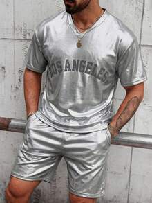 Manfinity Dauomo Men's Silver Reflective Letter Print T-Shirt And Shorts Set - Silver - View 3