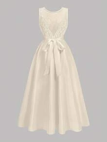 Pitira Tween Girls Woven Satin Stitching Lace Lace Details With Belt Tied Bow Long Elegant Temperament Dress, Ball Gown/Princess Dress, Wedding Season, Flower Girl Dress, Spring Festival, Party - Apricot - View 2