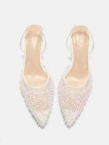 CUCCOO CURVES Women Shoes Women Pointed Mesh Embroidered Pearl Design Everyday Versatile Fashion Wide Last High Heels - Beige - View 10