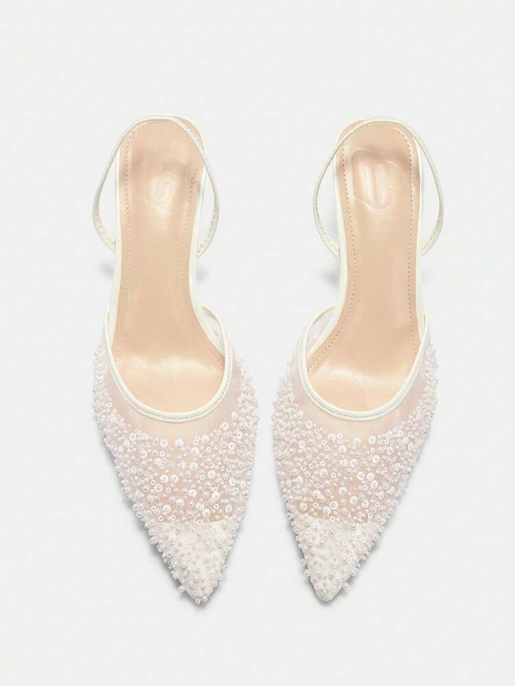 CUCCOO CURVES Women Shoes Women Pointed Mesh Embroidered Pearl Design Everyday Versatile Fashion Wide Last High Heels