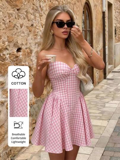 Lucivie 女士优雅性感浪漫粉色格子无肩带收腰喇叭裙摆短裙