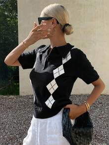 DAZY 撞色提花格纹 Polo 领短袖休闲复古针织女式上衣，适合秋夏季穿着 - 黑色 - 查看 3