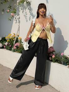 SHEIN EZwear 大码女式抽绳腰带口袋阔腿宽松休闲裤 - 黑色 - 查看 4