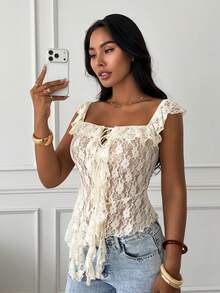 Slaydiva Blusa de encaje semitransparente con volantes y bajo asimétrico, de color albaricoque, de estilo bohemio, romántico y perfecto para vacaciones y citas de verano para mujeres - Albaricoque - Ver 6