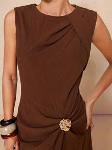 Lumalex Coffee Brown Summer Elegant Dining Dress For Women,100% Cotton Comfortable Ruched Asymmetrical Metallic Decor Sleeveless Quiet Luxury Party Dress - Coffee Brown - View 8