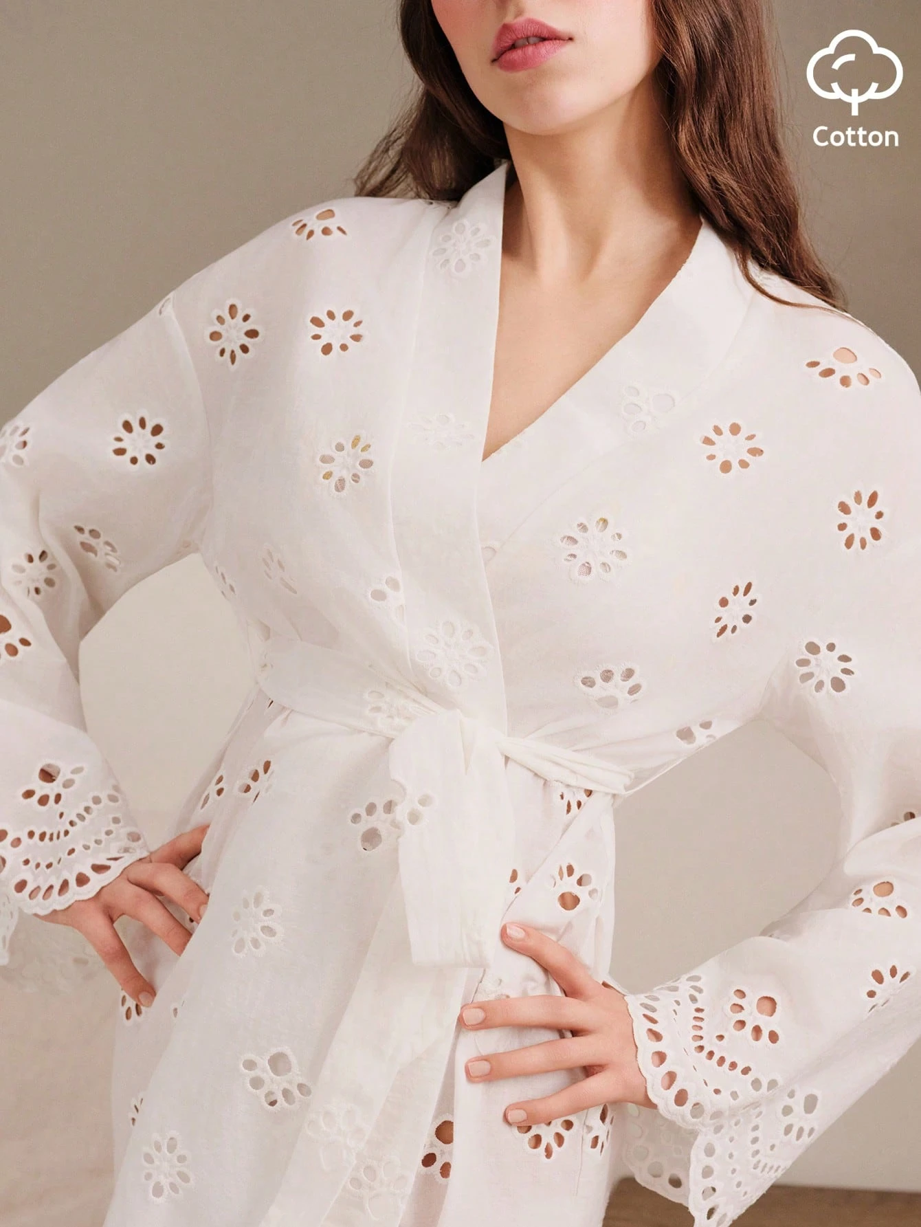 White Cotton Belted Kimono With Two Patch Pockets And Scallop Edges, Comfy Sleepwear Cotton Homewear Spring Summer French Style Parisian Style