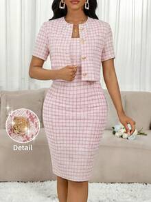 SHEIN Lady Plus Size Plaid Print Button-Front Short Sleeve Jacket And Sleeveless Dress 2-Piece Set - Pink - View 1