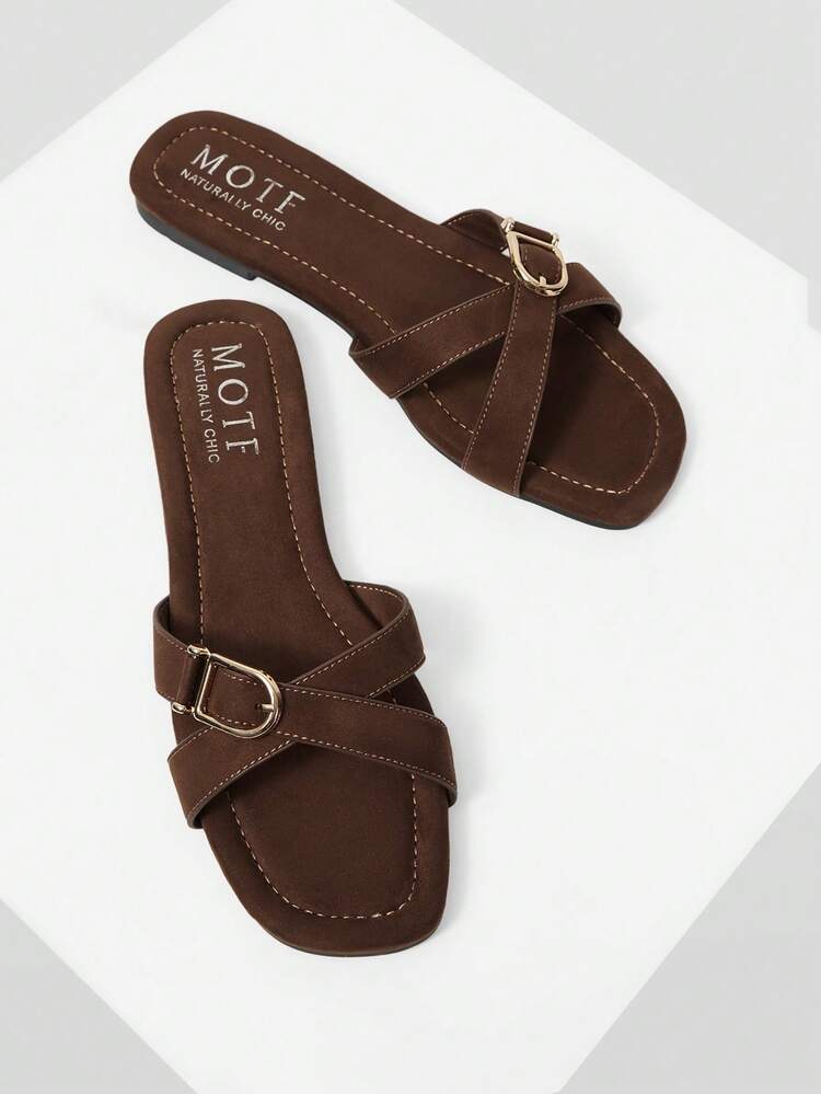 WOMEN'S DARK BROWN BUCKLE DECOR CRISS-CROSS FLAT SLIDE SANDALS - CASUAL/BEACH COMFORTABLE SUMMER SLIPPERS SPRING SHOES SUMMER SHOES