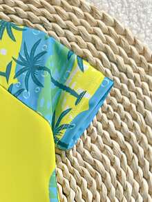 Newborn Zipper Swimsuit, Coconut Tree Print Short Sleeve Swimwear, Suitable For Beach, Vacation, Summer - Multicolor - View 5