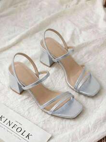 Wide Heel Sandals With Thin Straps And Square Toe - Silver - View 3