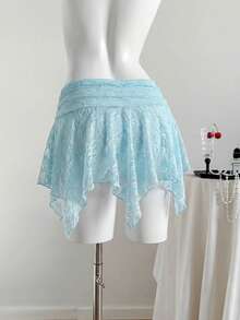 Comfortcana Women's Summer Solid Color Lace Asymmetric Hem Blue Skirt - Blue - View 2