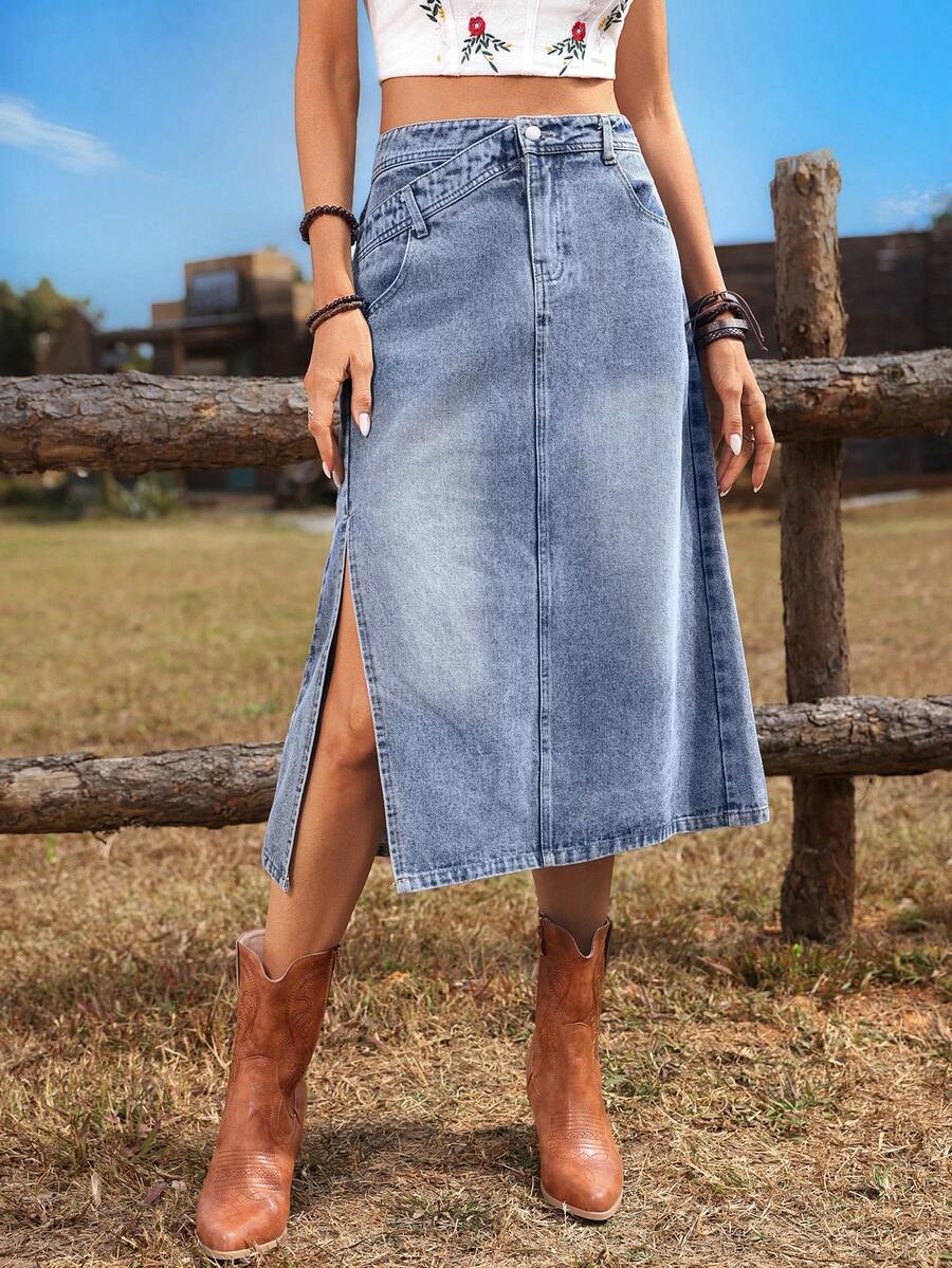 Breezaya Falda vaquera casual y versátil para uso diario con bolsillos y diseño de abertura con botones en la parte delantera - Azul lavado medio - Ver 1