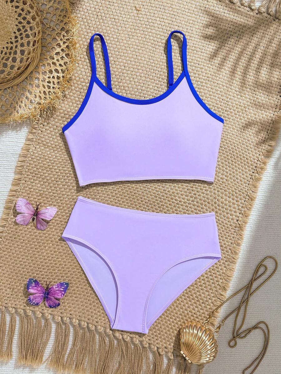 SHEIN Tween Girl Casual Hollow Floral Shaped Camisole Tankini Swimsuit Set - Purple - View 1