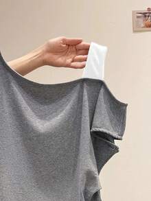 Áo thun ngắn tay nữ 2 trong 1 vai lệch, kiểu dáng 2 trong 1, thích hợp cho mùa hè. - Xám - Xem 3